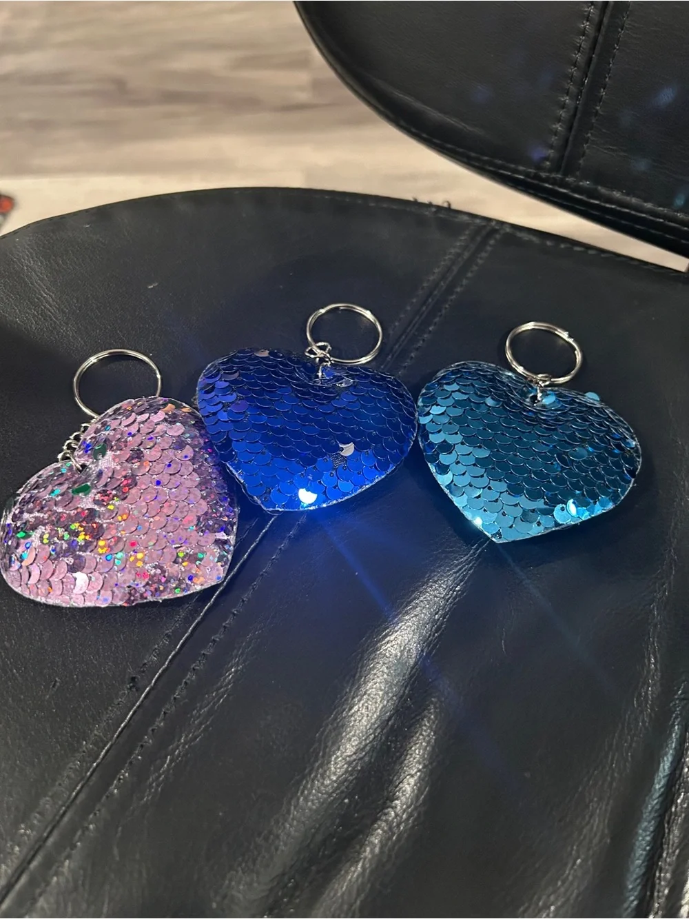 Sequin Heart Keychain Trio – Blue, Teal & Pink